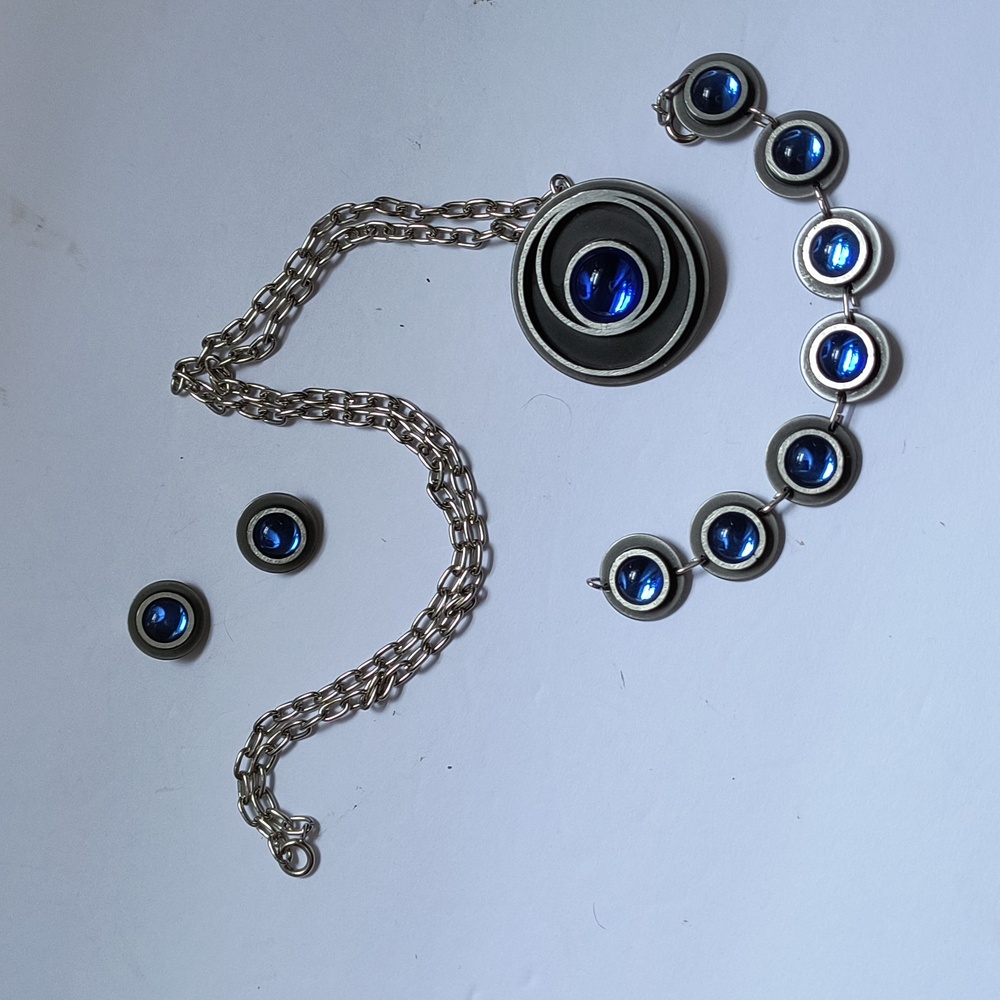 Vintage Danish artist-designed pewter/glass set: necklace, bracelet, earrings